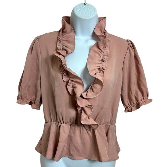 Forever 21 Mauve Blouse Sz M Ruffled V-Neck Puff Short Sleeve Top Shirt NEW - Picture 2 of 6